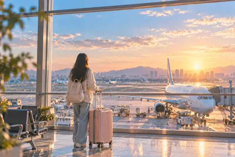 Du học sinh cùng vali đứng nhìn máy bay ở sân bay